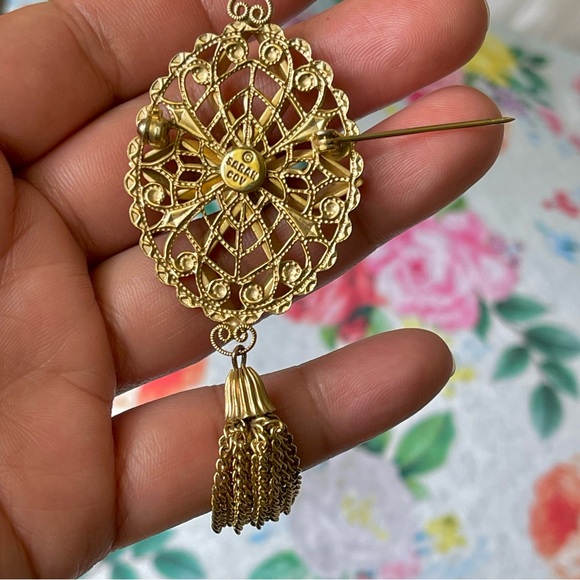 c1972 SARAH COV | Vtg | Peking Collection Green Glass Cabochon Bead Tassel Pin - Picture 4 of 12